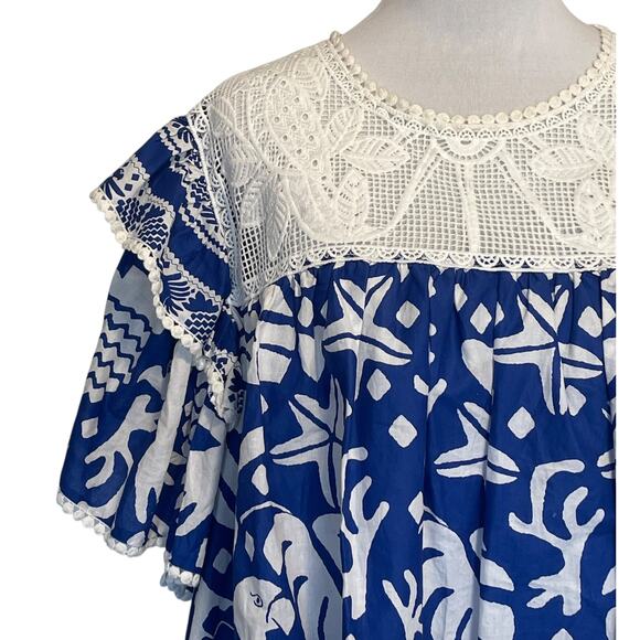 Farm Rio Jungle Scarf Ruffle Lace Blouse Womens Large Blue White Flutter Sleeve - Picture 3 of 11
